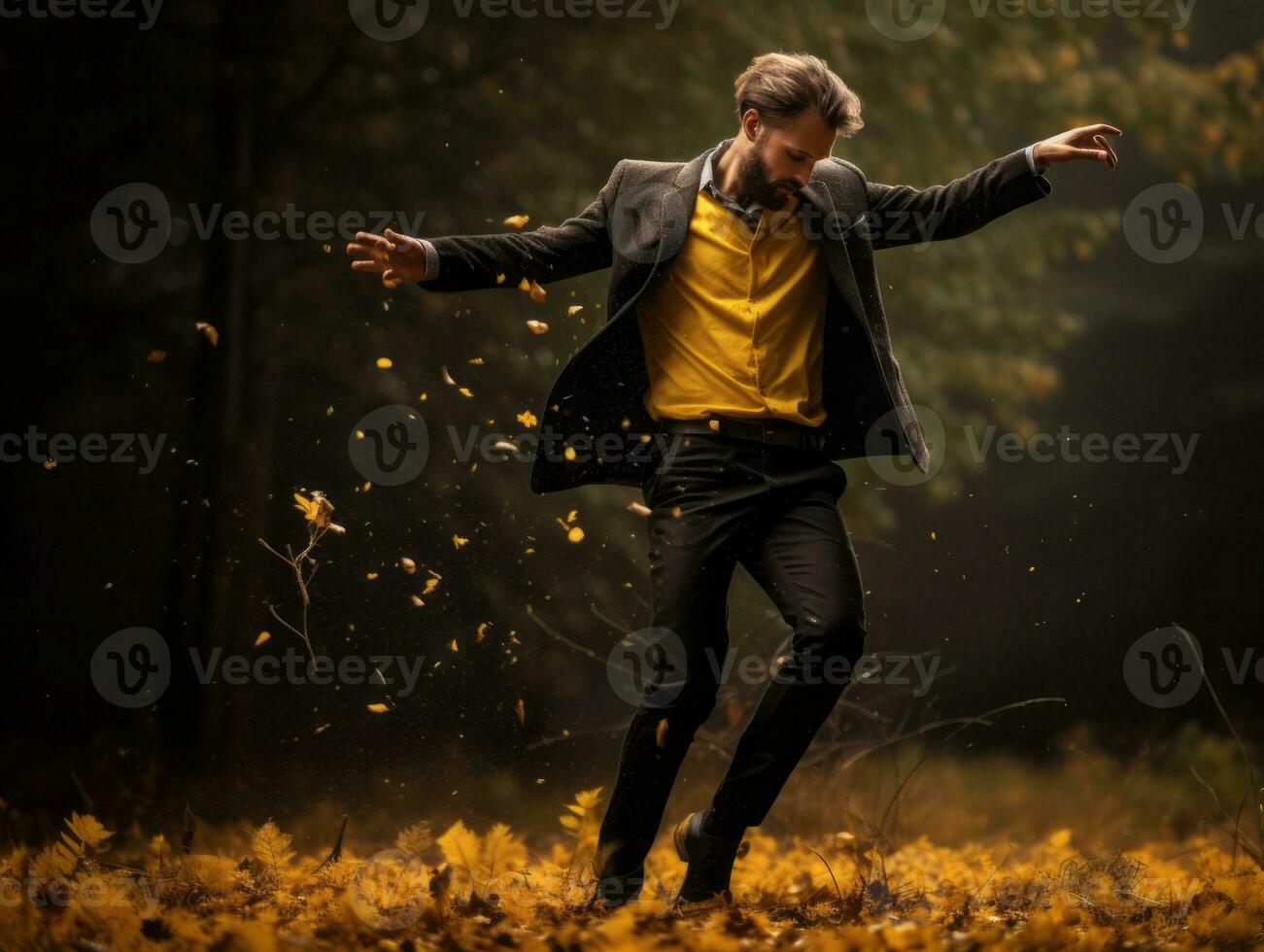 European man in emotional dynamic pose on autumn background AI Generative photo