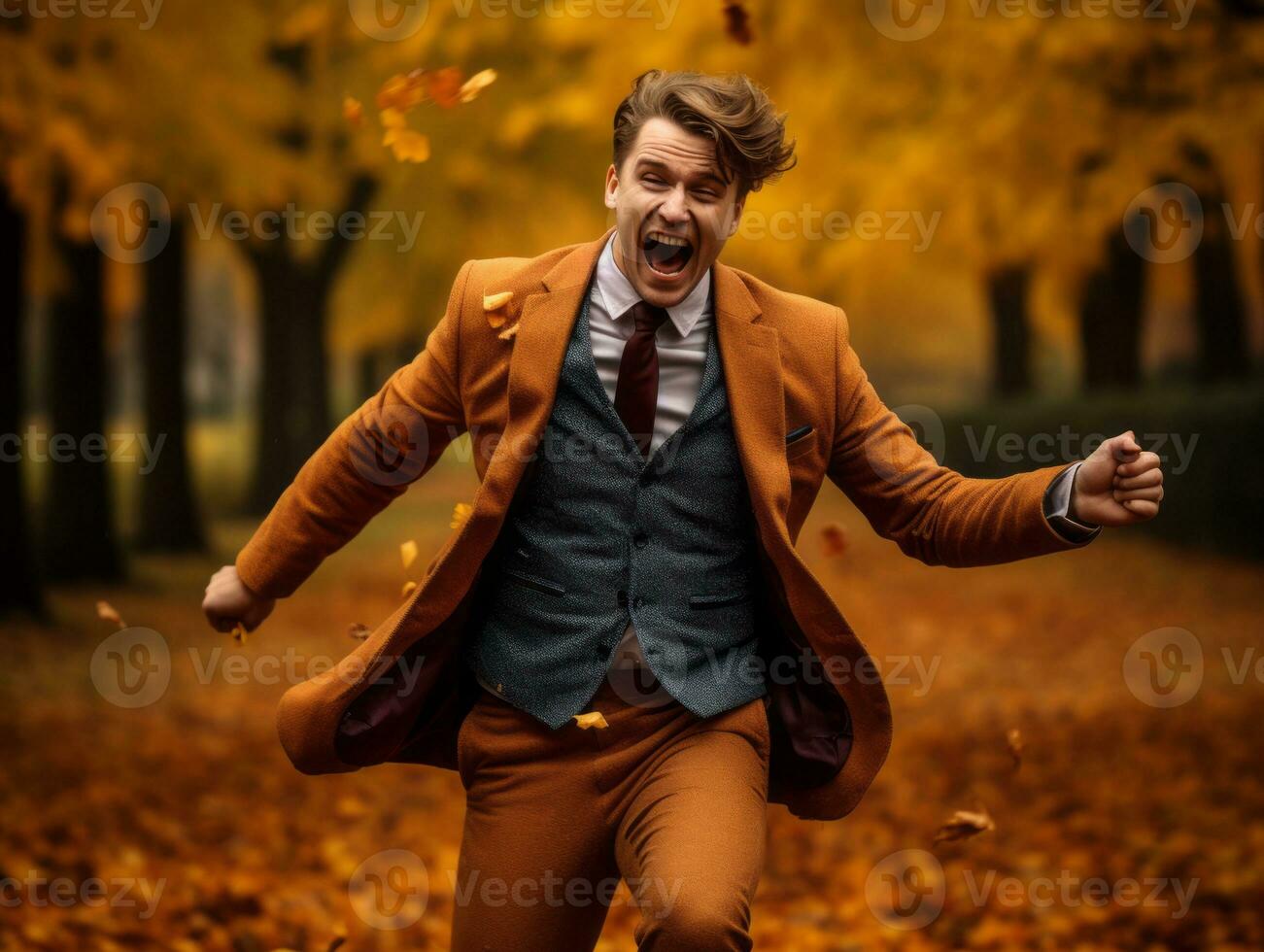 European man in emotional dynamic pose on autumn background AI Generative photo
