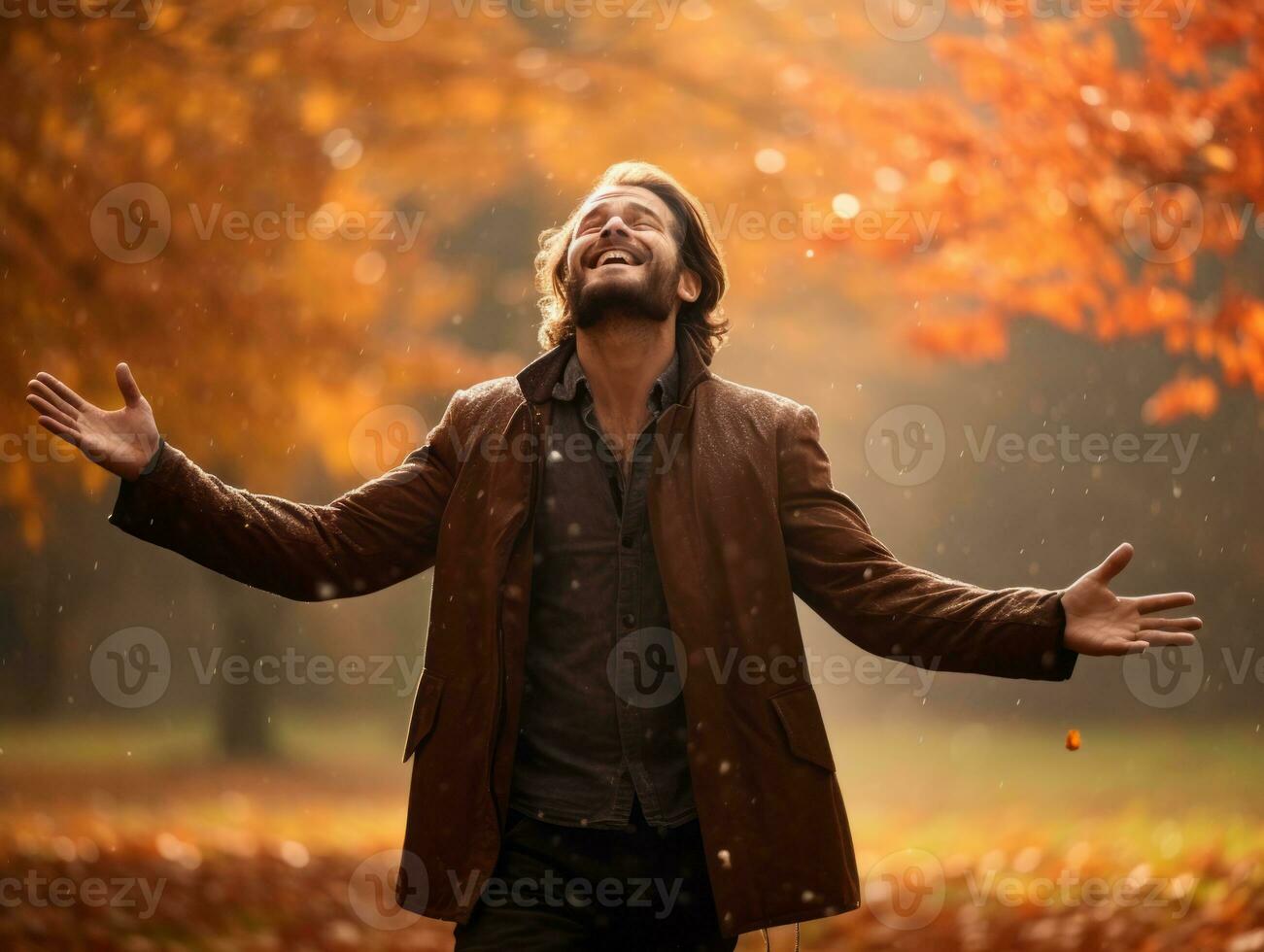 European man in emotional dynamic pose on autumn background AI Generative photo