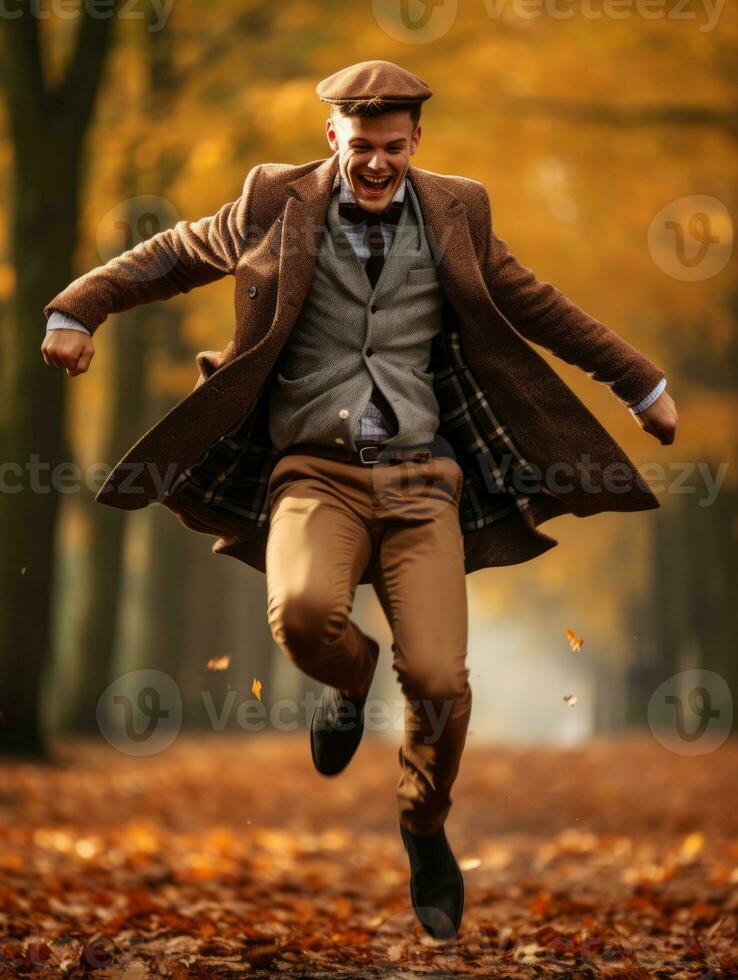 European man in emotional dynamic pose on autumn background AI Generative photo