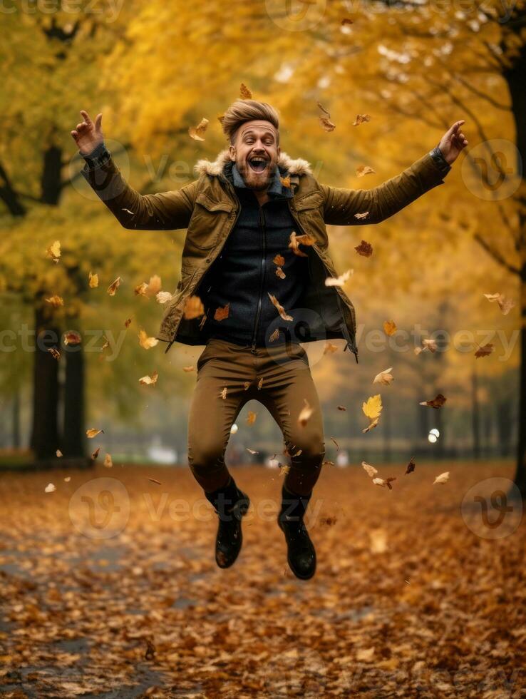 European man in emotional dynamic pose on autumn background AI Generative photo