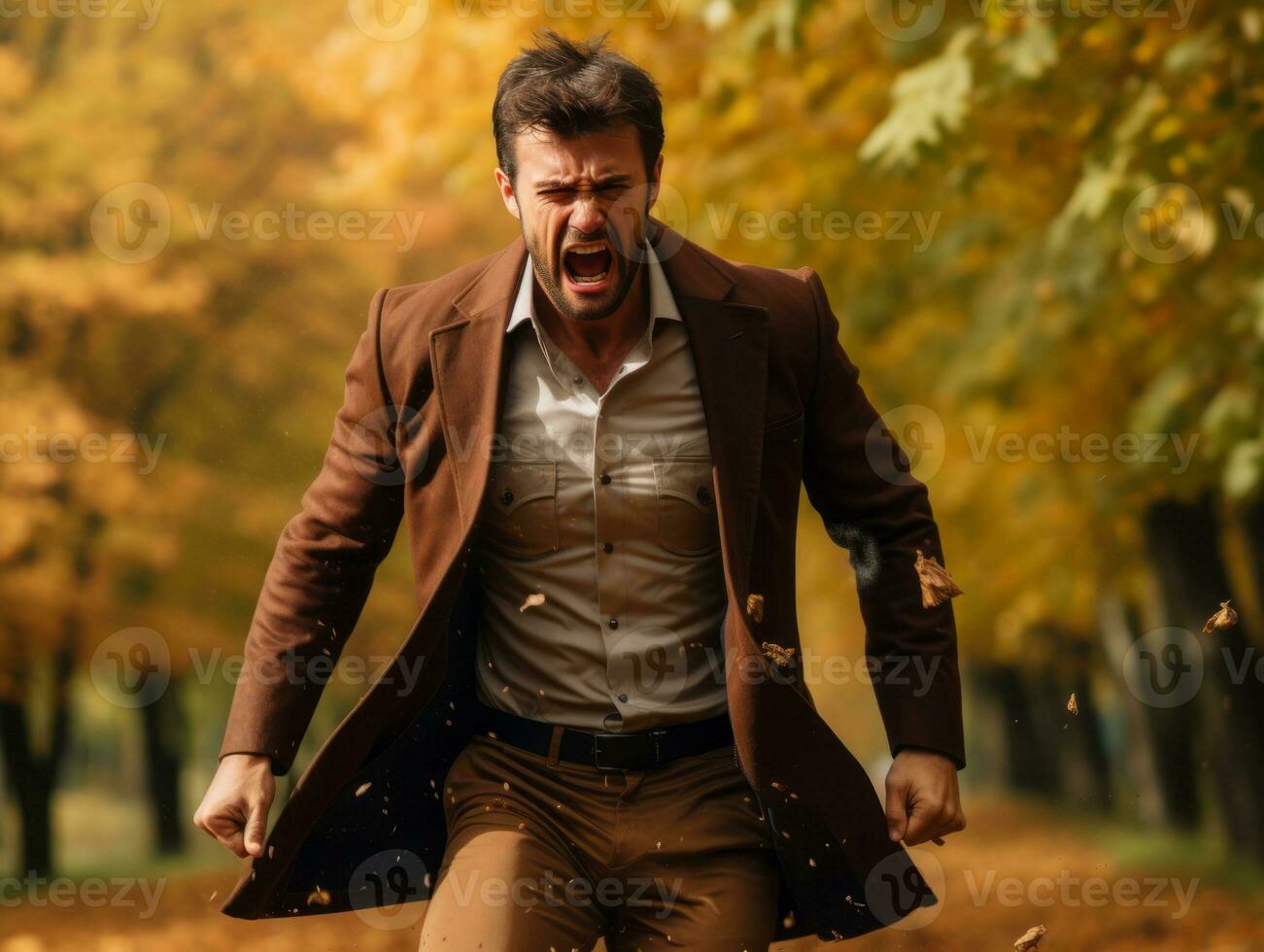 European man in emotional dynamic pose on autumn background AI Generative photo