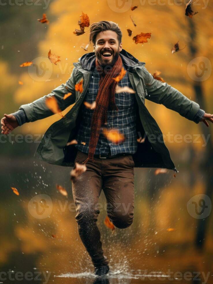 European man in emotional dynamic pose on autumn background AI Generative photo