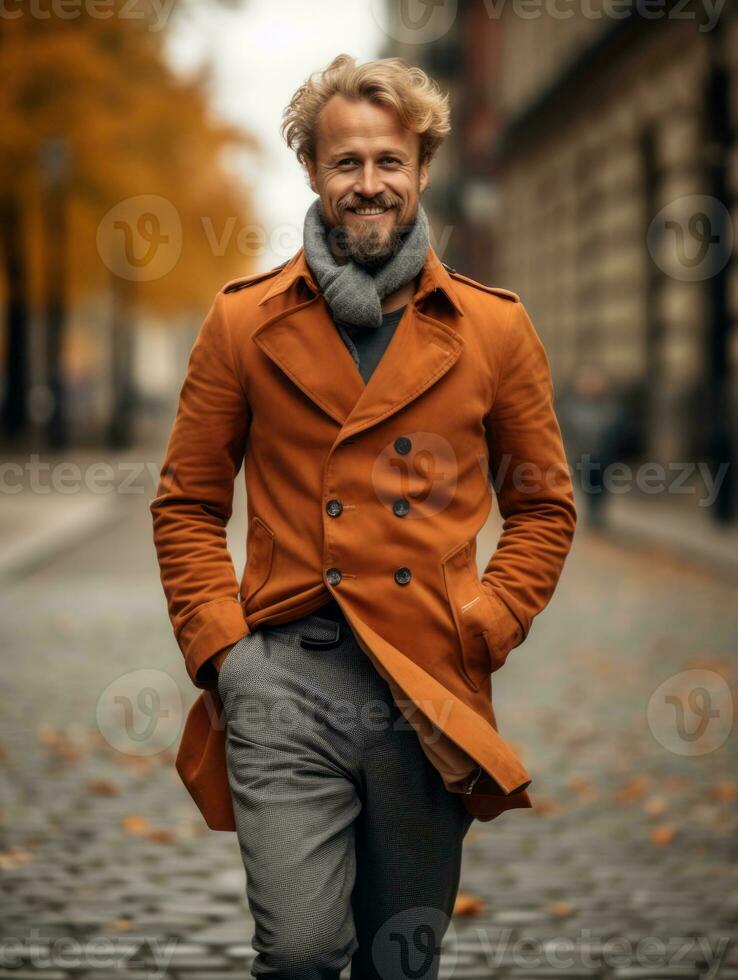 European man in emotional dynamic pose on autumn background AI Generative photo