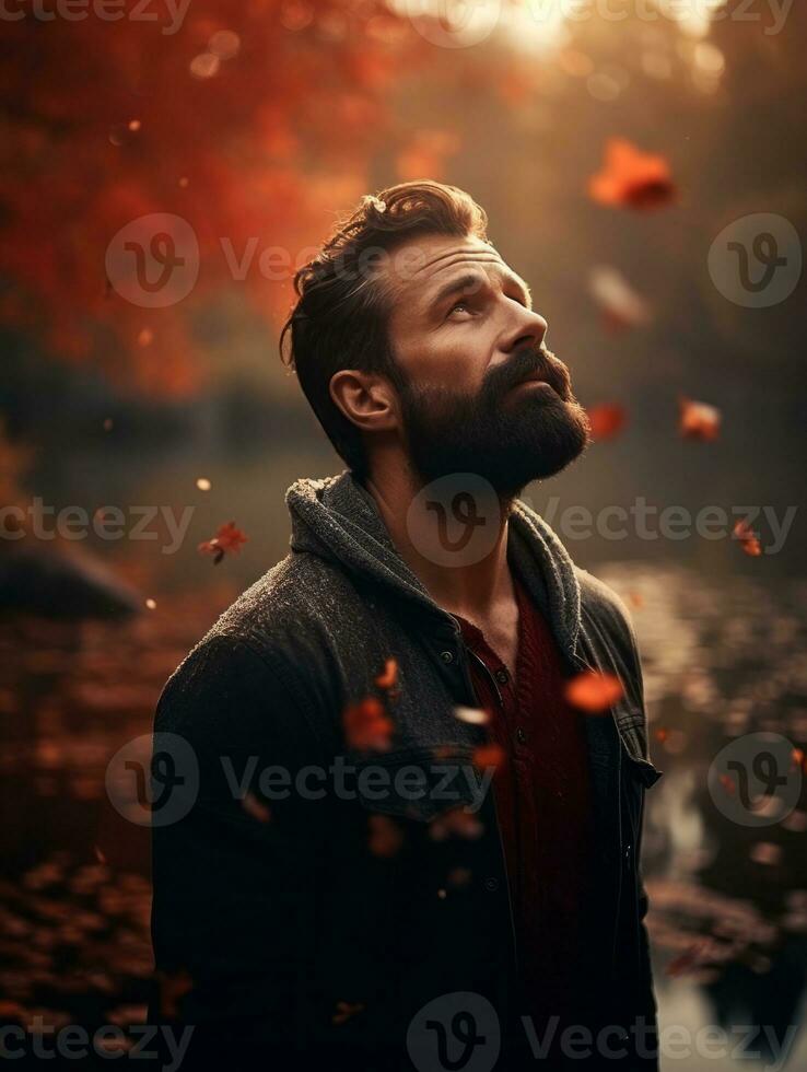 European man in emotional dynamic pose on autumn background AI Generative photo