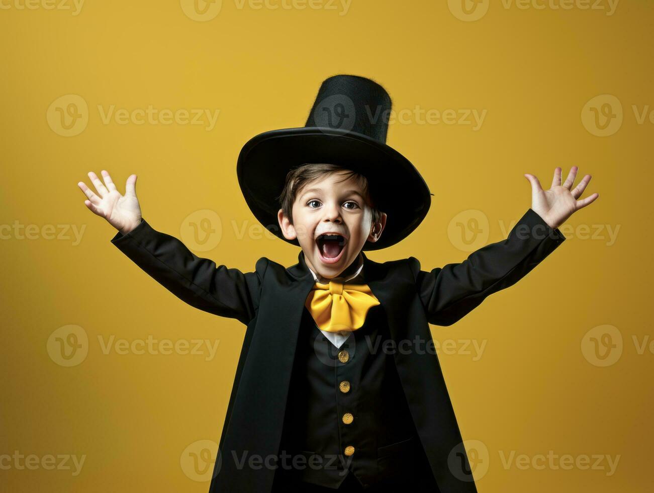 niño en un Víspera de Todos los Santos disfraz con un juguetón actitud ai generativo foto