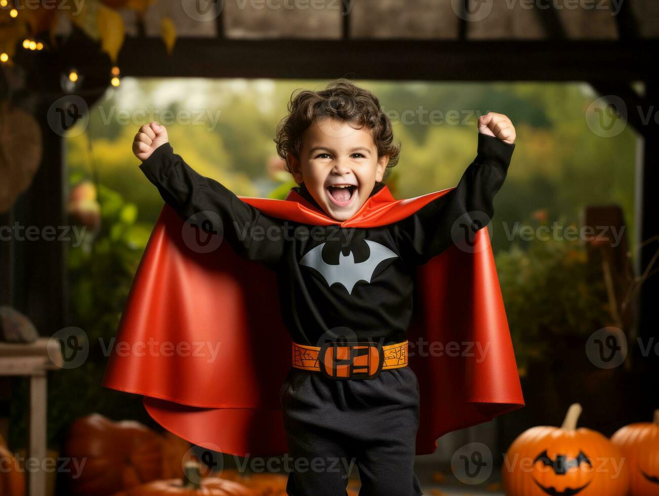 Kid in a Halloween costume with a playful pose AI Generative photo