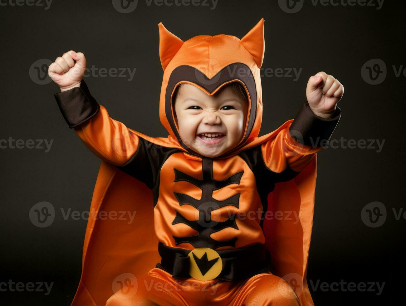 Kid in a Halloween costume with a playful pose AI Generative photo
