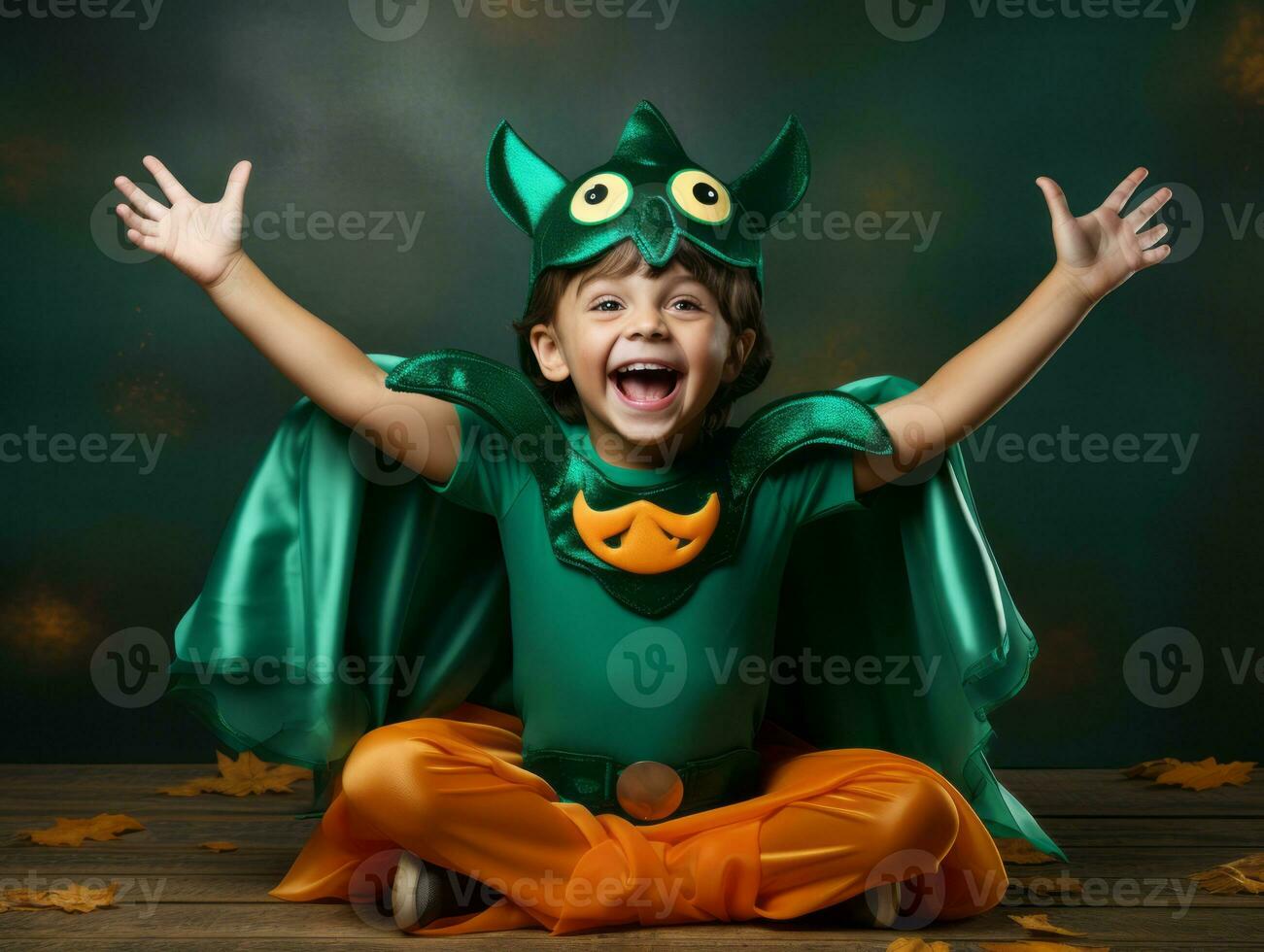 Kid in a Halloween costume with a playful pose AI Generative photo