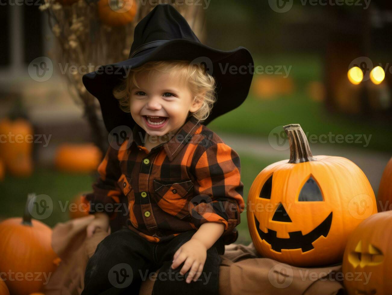 niño en un Víspera de Todos los Santos disfraz con un juguetón actitud ai generativo foto