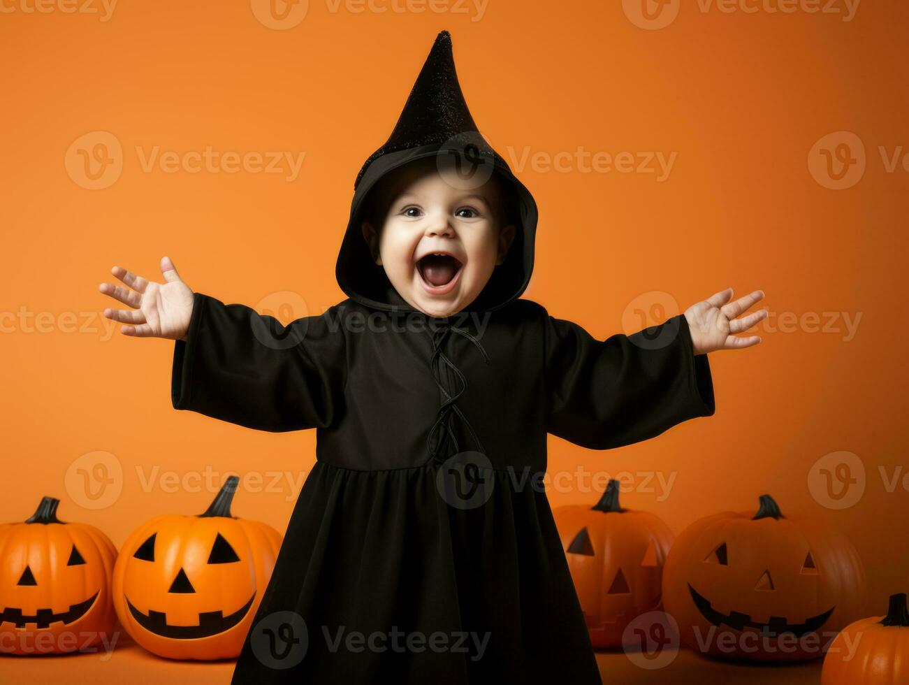 Kid in a Halloween costume with a playful pose AI Generative photo