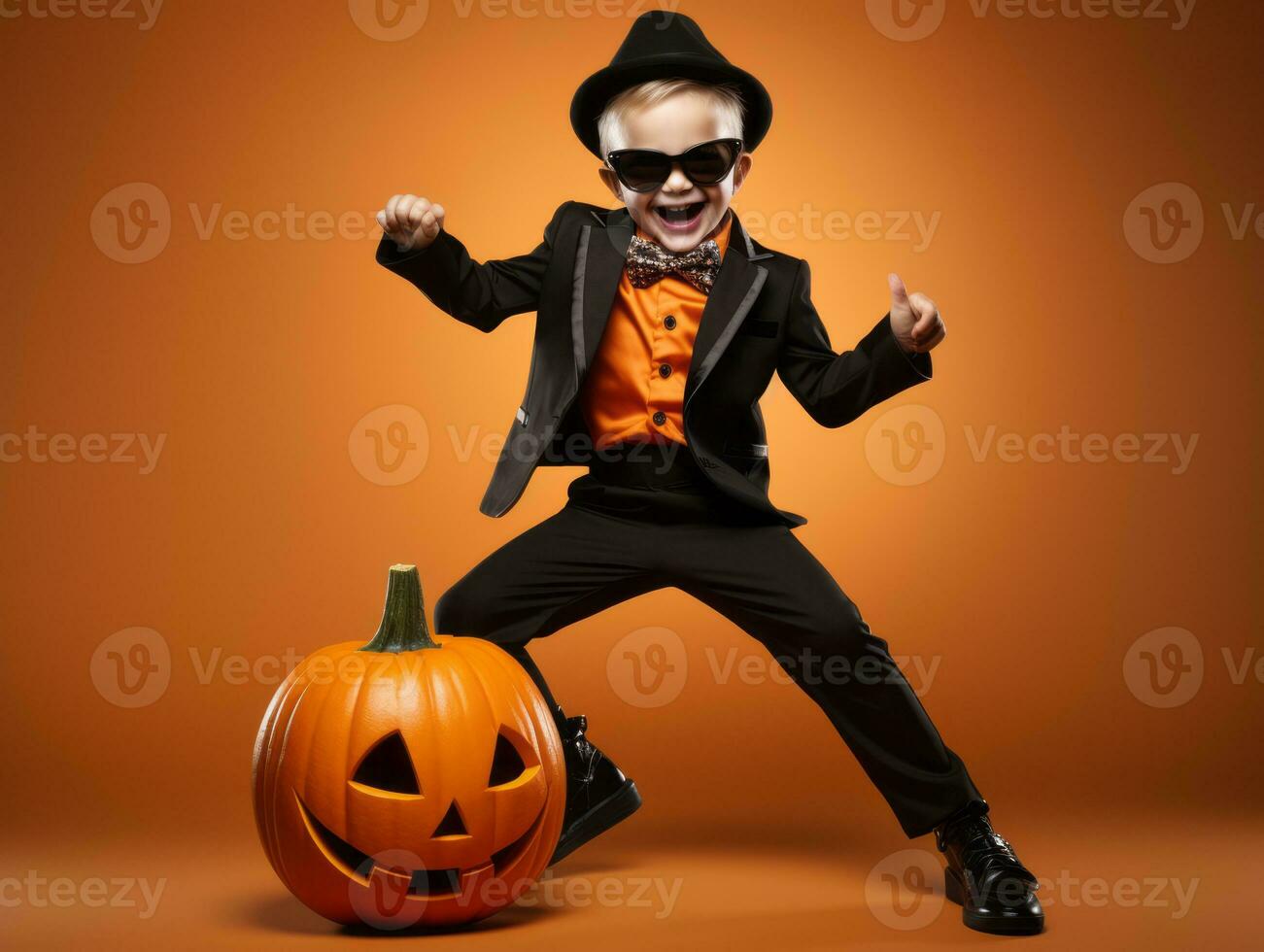 Kid in a Halloween costume with a playful pose AI Generative photo