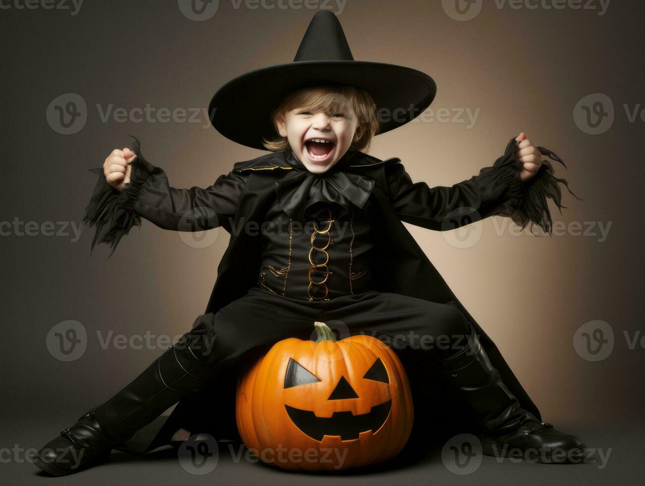 Kid in a Halloween costume with a playful pose AI Generative photo