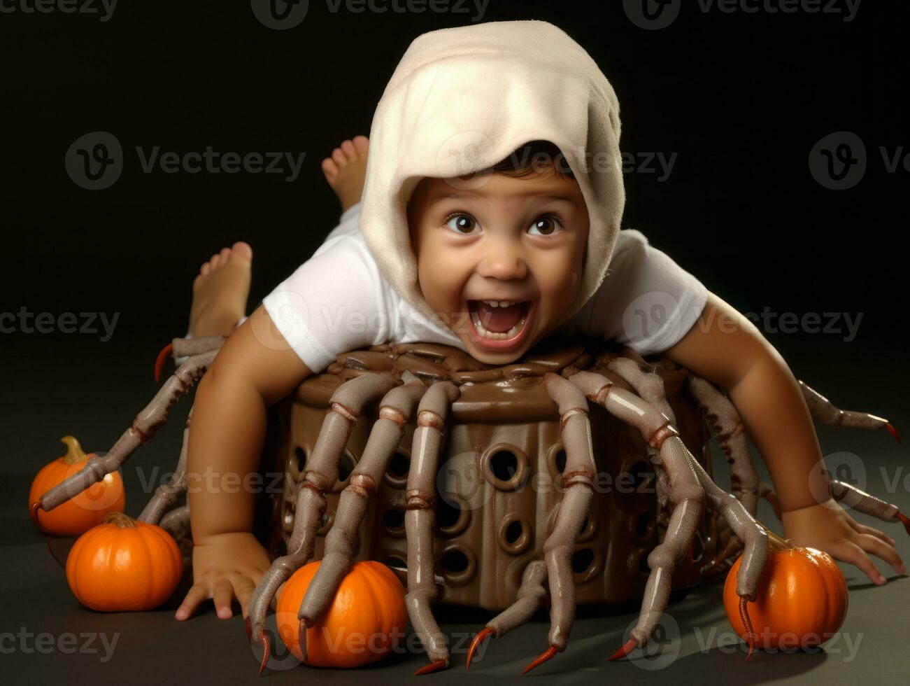 niño en un Víspera de Todos los Santos disfraz con un juguetón actitud ai generativo foto