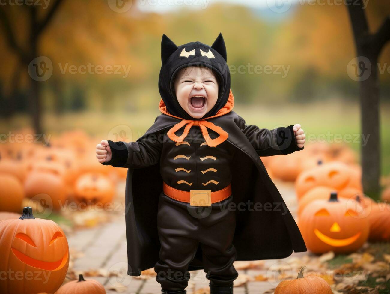 Kid in a Halloween costume with a playful pose AI Generative photo