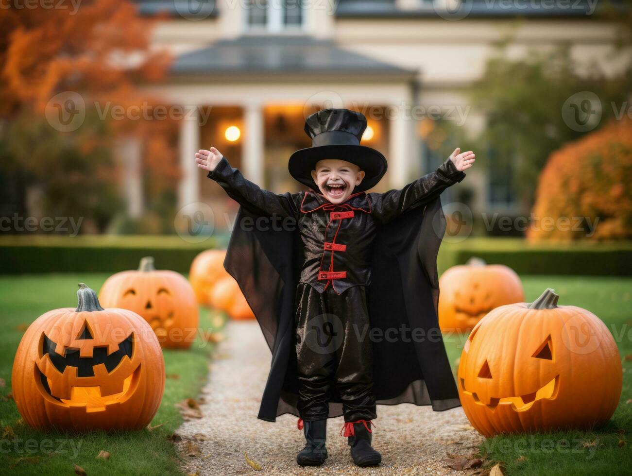 Kid in a Halloween costume with a playful pose AI Generative photo