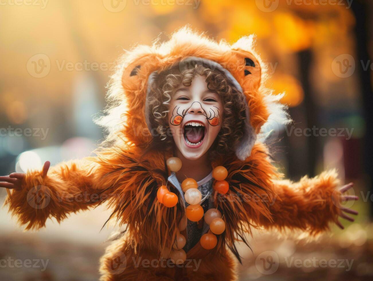 Kid in a Halloween costume with a playful pose AI Generative photo