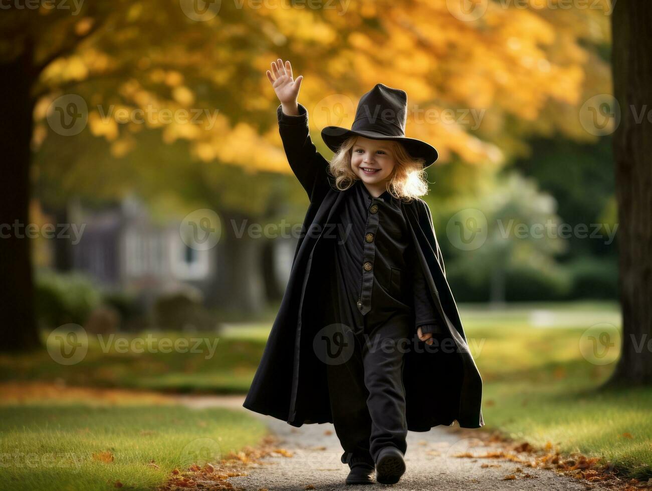 Kid in a Halloween costume with a playful pose AI Generative photo