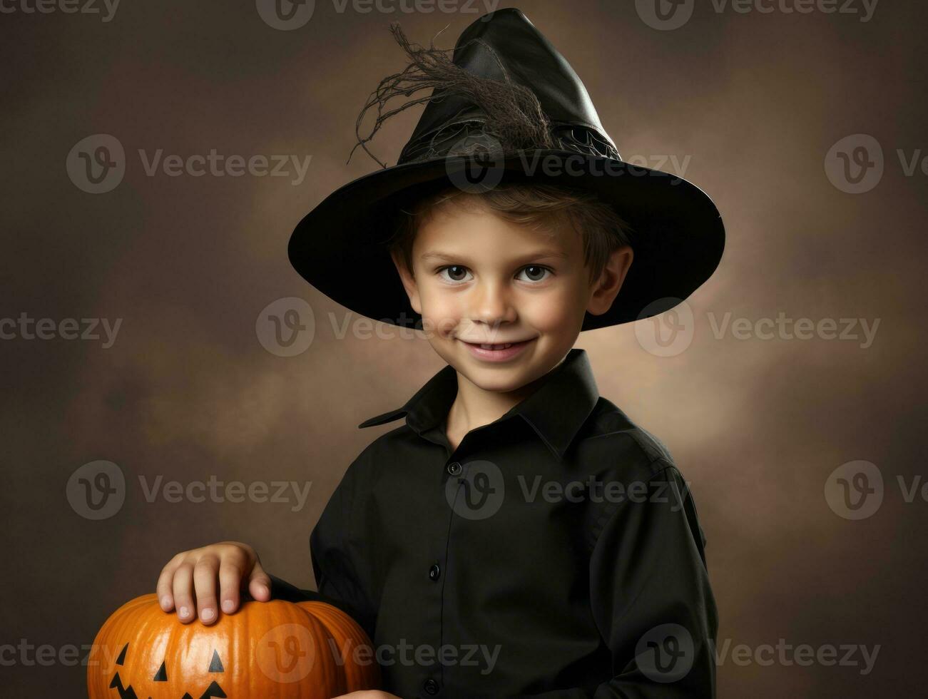 Kid in a Halloween costume with a playful pose AI Generative photo