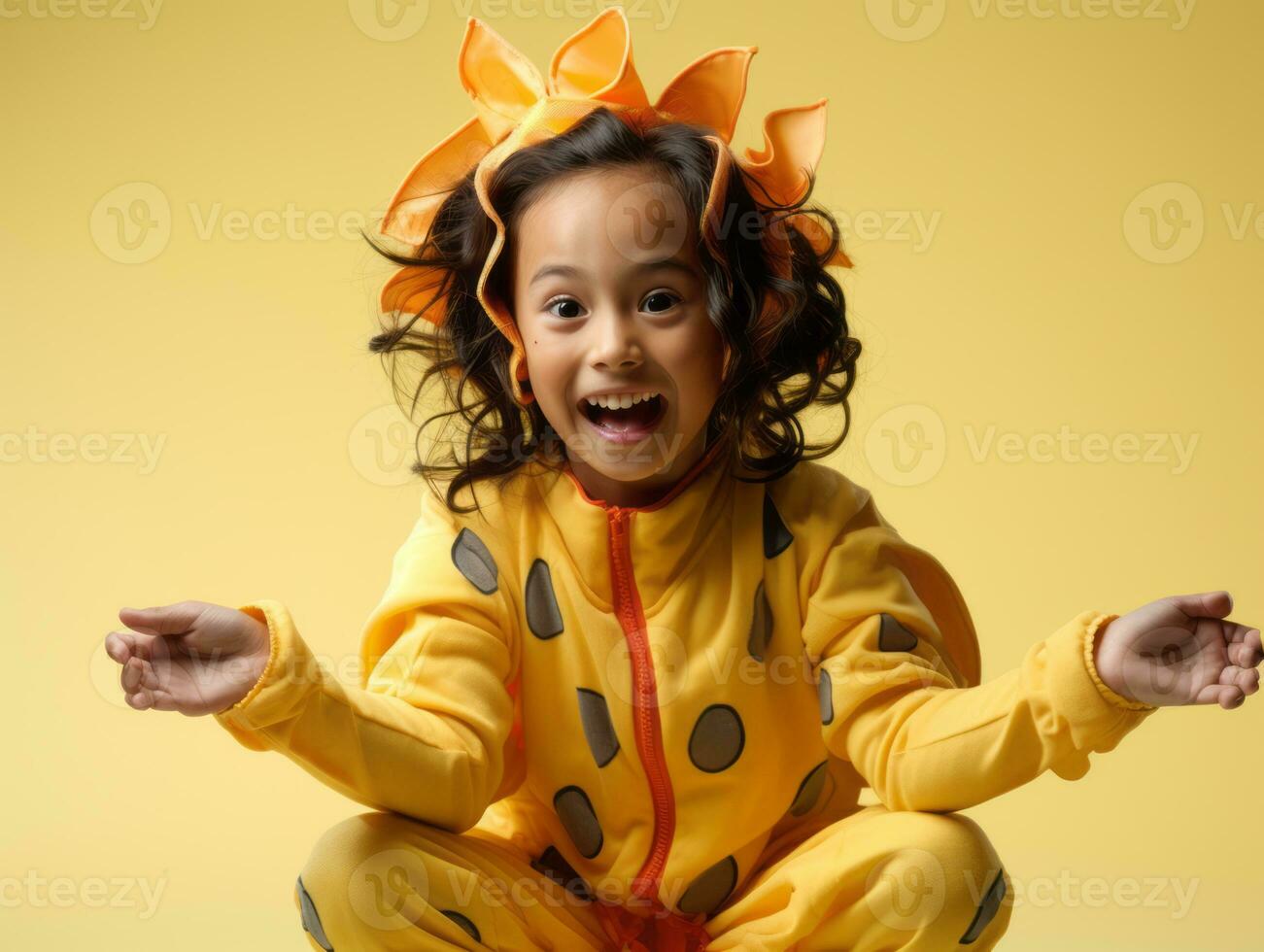 niño en un Víspera de Todos los Santos disfraz con un juguetón actitud ai generativo foto