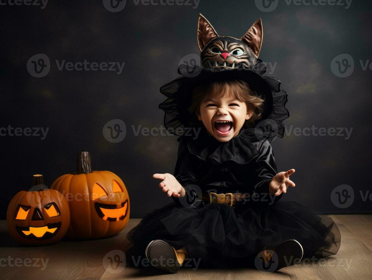 Kid in a Halloween costume with a playful pose AI Generative photo