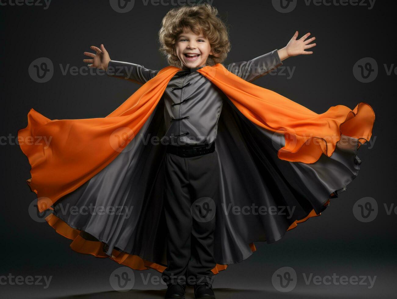 Kid in a Halloween costume with a playful pose AI Generative photo
