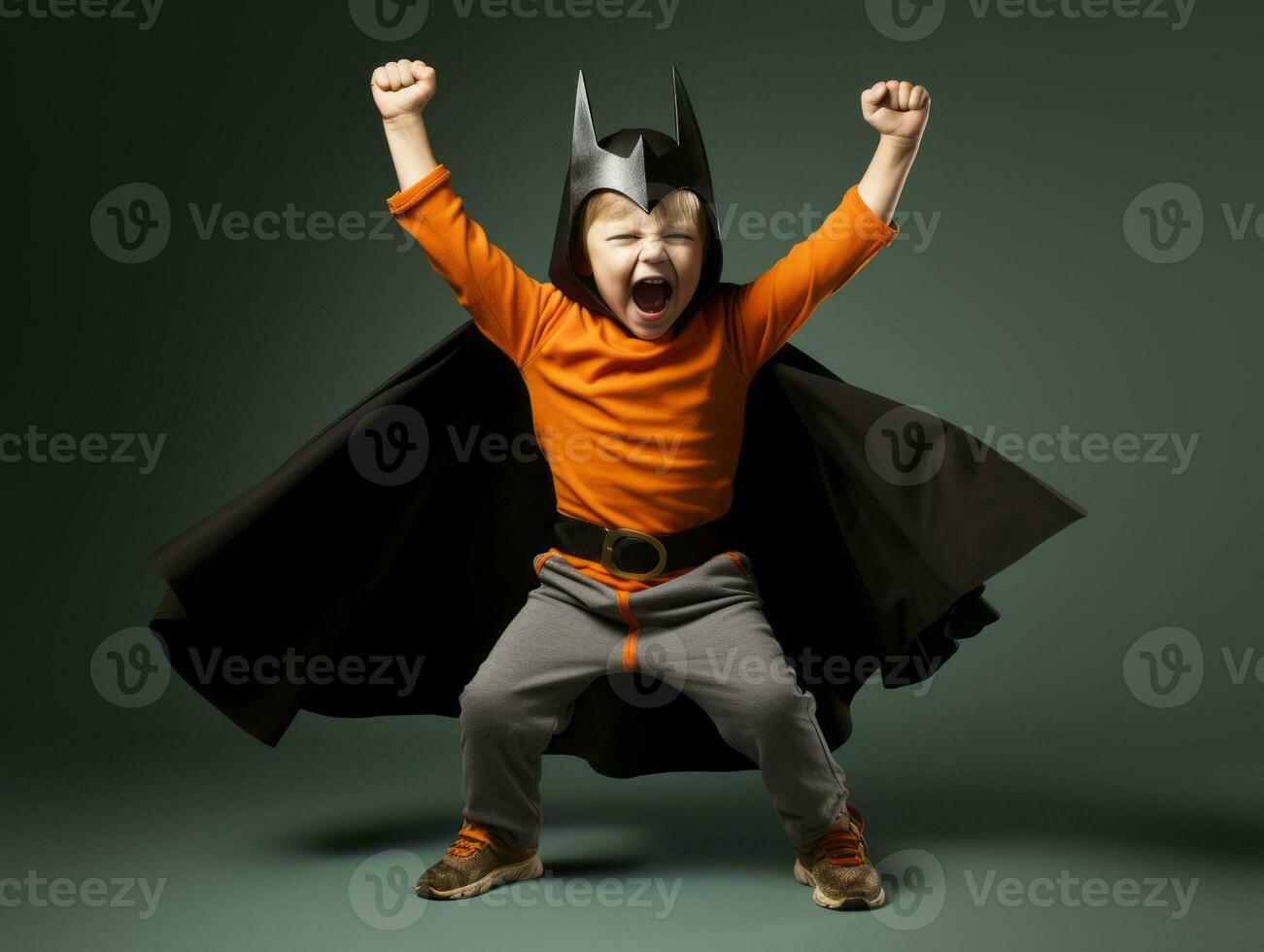 niño en un Víspera de Todos los Santos disfraz con un juguetón actitud ai generativo foto