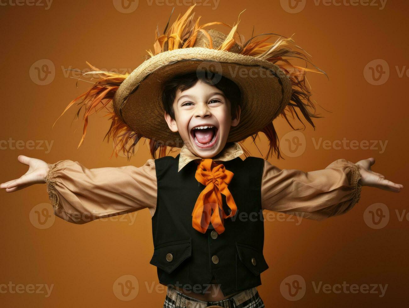 niño en un Víspera de Todos los Santos disfraz con un juguetón actitud ai generativo foto