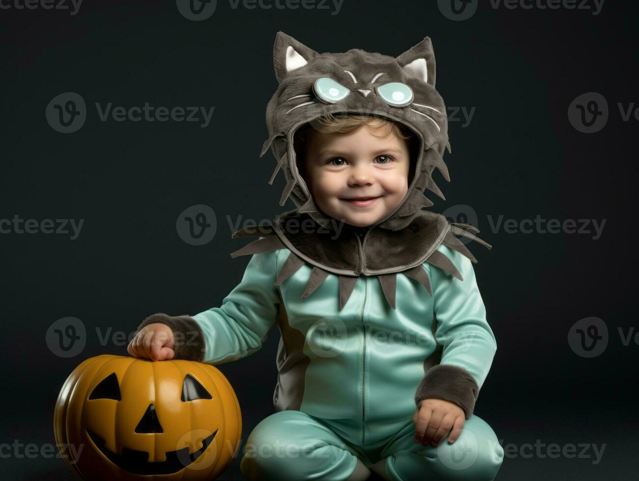 Kid in a Halloween costume with a playful pose AI Generative photo