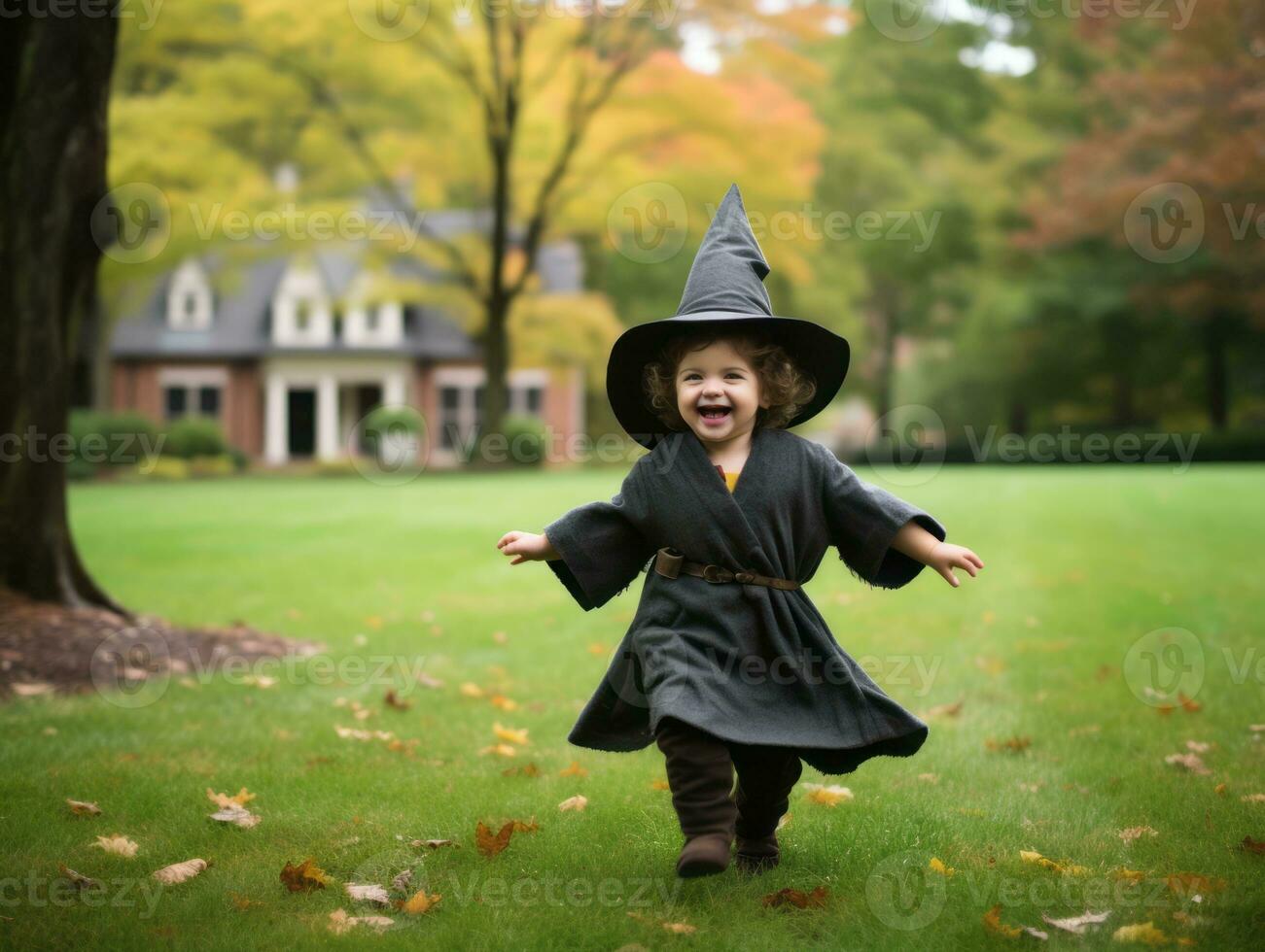 Kid in a Halloween costume with a playful pose AI Generative photo