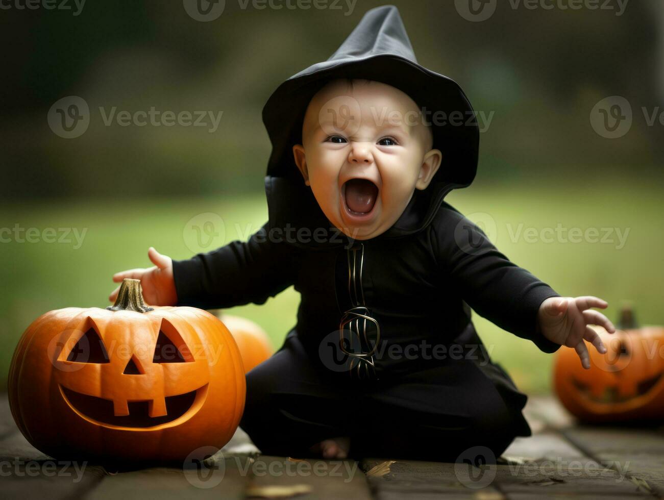 niño en un Víspera de Todos los Santos disfraz con un juguetón actitud ai generativo foto