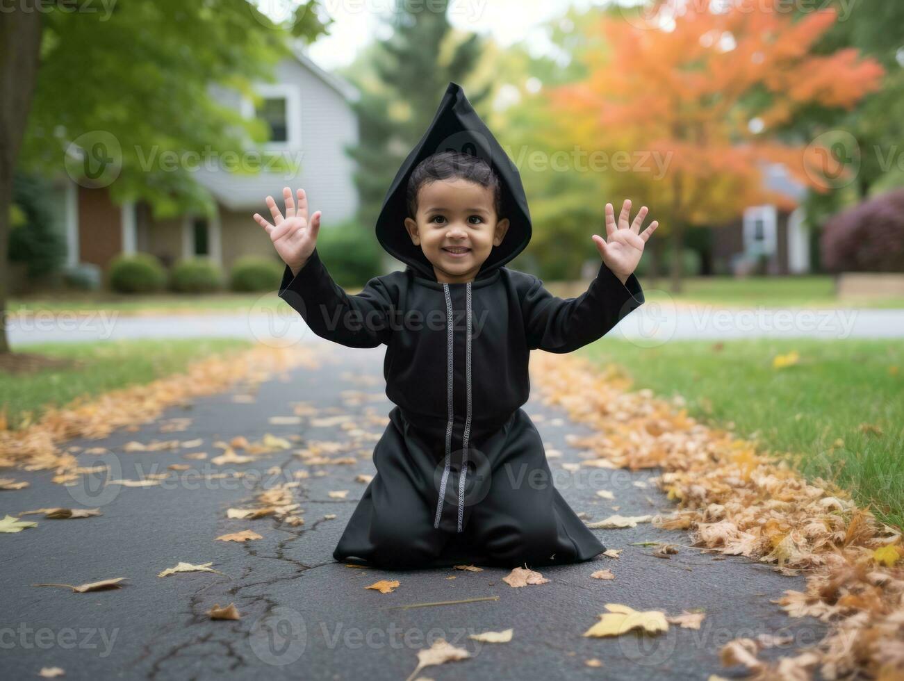 Kid in a Halloween costume with a playful pose AI Generative photo