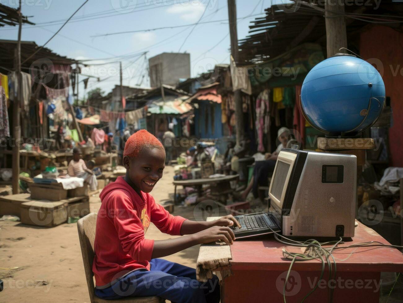 Colombian kid working on a laptop in a vibrant urban setting AI Generative photo