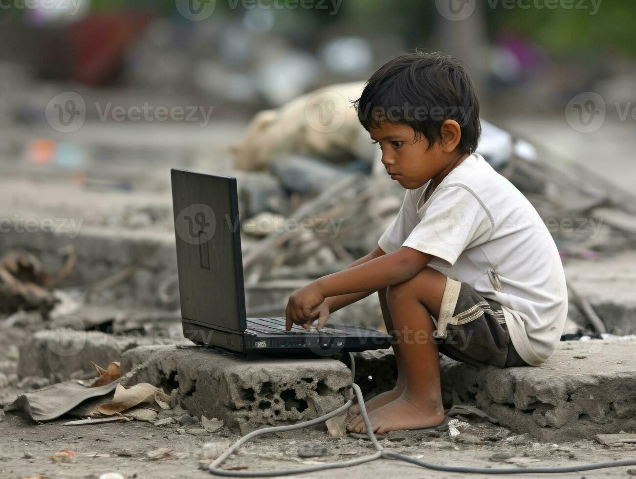 Colombian kid working on a laptop in a vibrant urban setting AI Generative photo