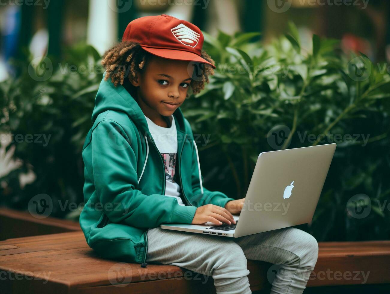 Colombian kid working on a laptop in a vibrant urban setting AI Generative photo