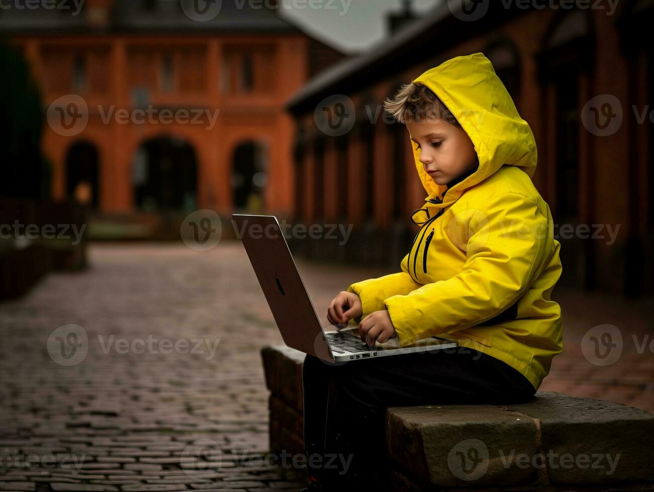 Colombian kid working on a laptop in a vibrant urban setting AI Generative photo