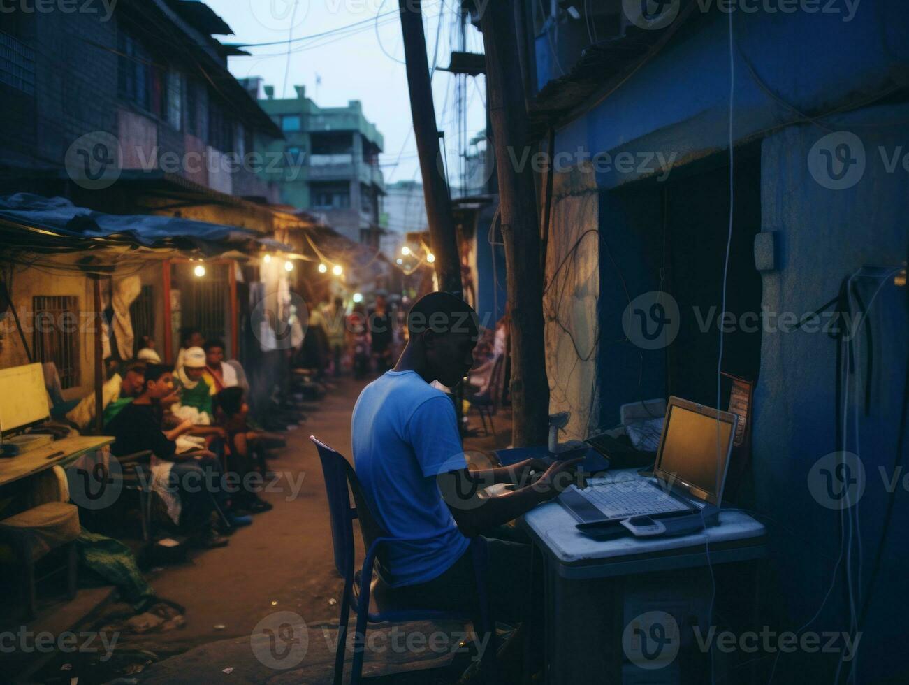 Colombian kid working on a laptop in a vibrant urban setting AI Generative photo