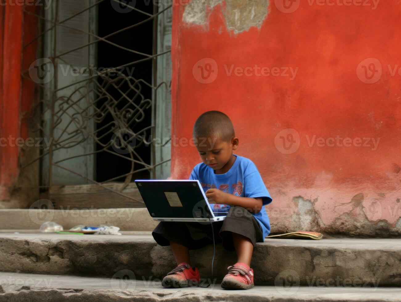 Colombiana niño trabajando en un ordenador portátil en un vibrante urbano ajuste ai generativo foto