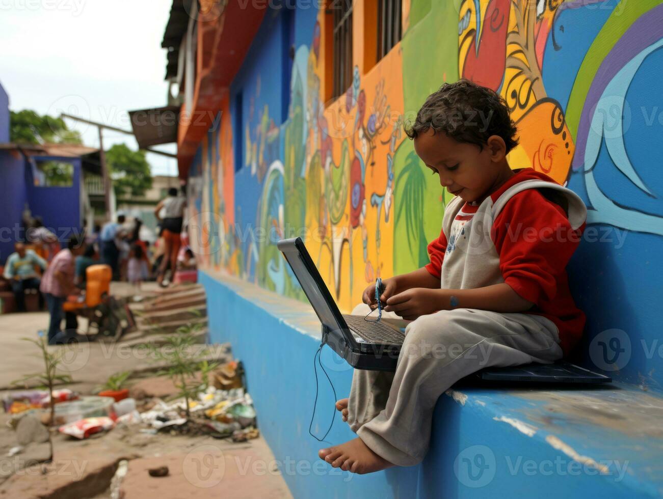 Colombian kid working on a laptop in a vibrant urban setting AI Generative photo