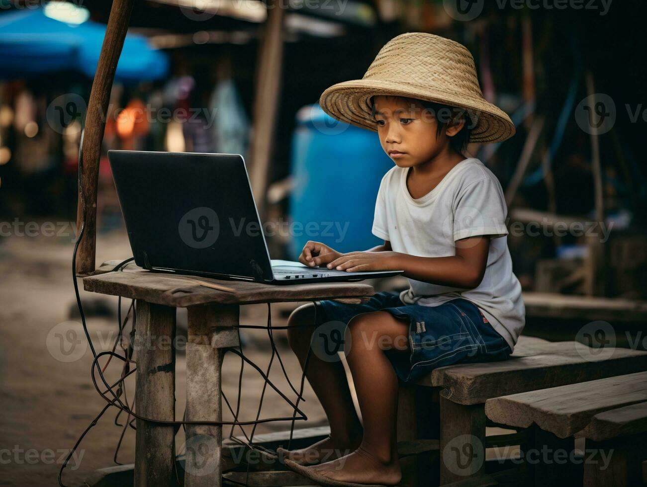 Colombian kid working on a laptop in a vibrant urban setting AI Generative photo