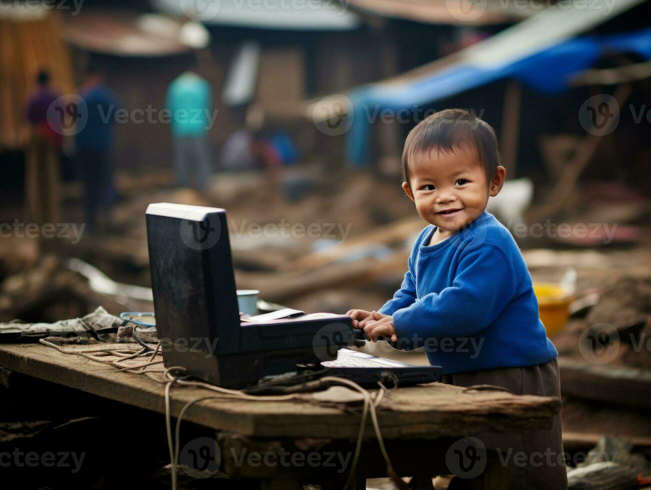 Colombian kid working on a laptop in a vibrant urban setting AI Generative photo