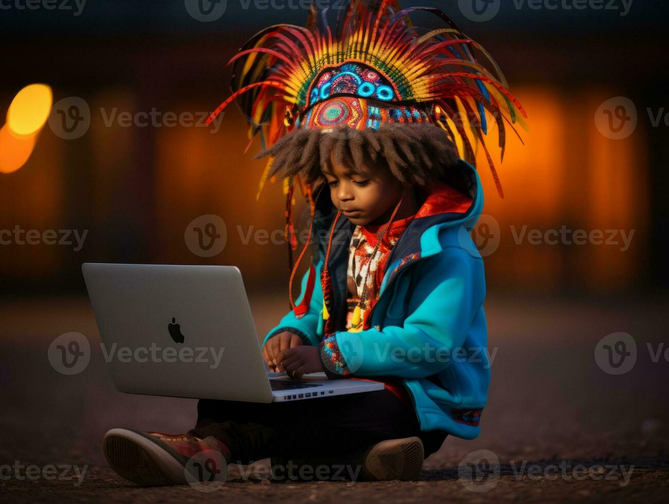 Colombiana niño trabajando en un ordenador portátil en un vibrante urbano ajuste ai generativo foto