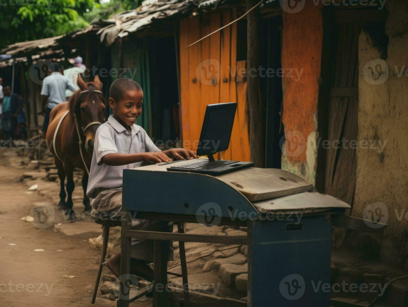 Colombian kid working on a laptop in a vibrant urban setting AI Generative photo