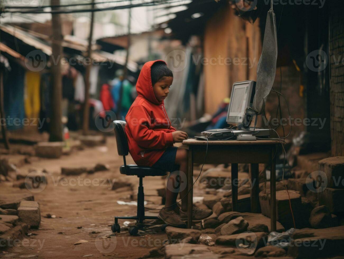 Colombian kid working on a laptop in a vibrant urban setting AI Generative photo