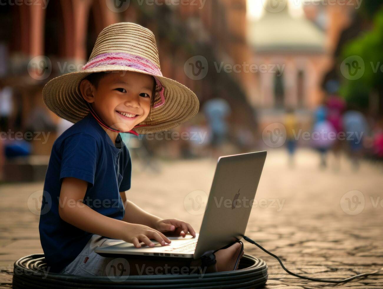 Colombian kid working on a laptop in a vibrant urban setting AI Generative photo