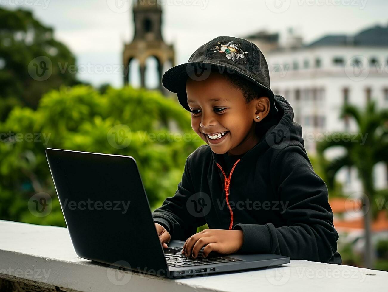 Colombian kid working on a laptop in a vibrant urban setting AI Generative photo