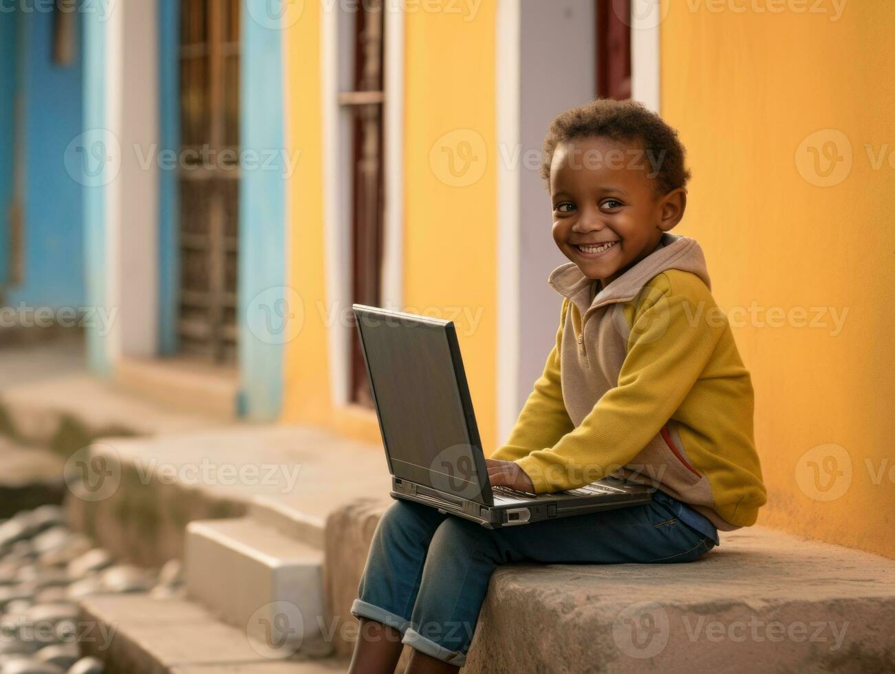 Colombian kid working on a laptop in a vibrant urban setting AI Generative photo