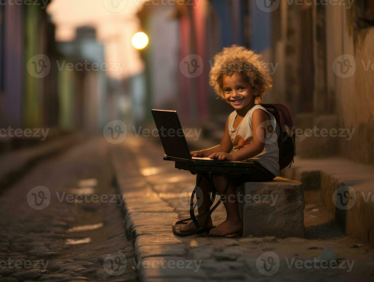 Colombian kid working on a laptop in a vibrant urban setting AI Generative photo