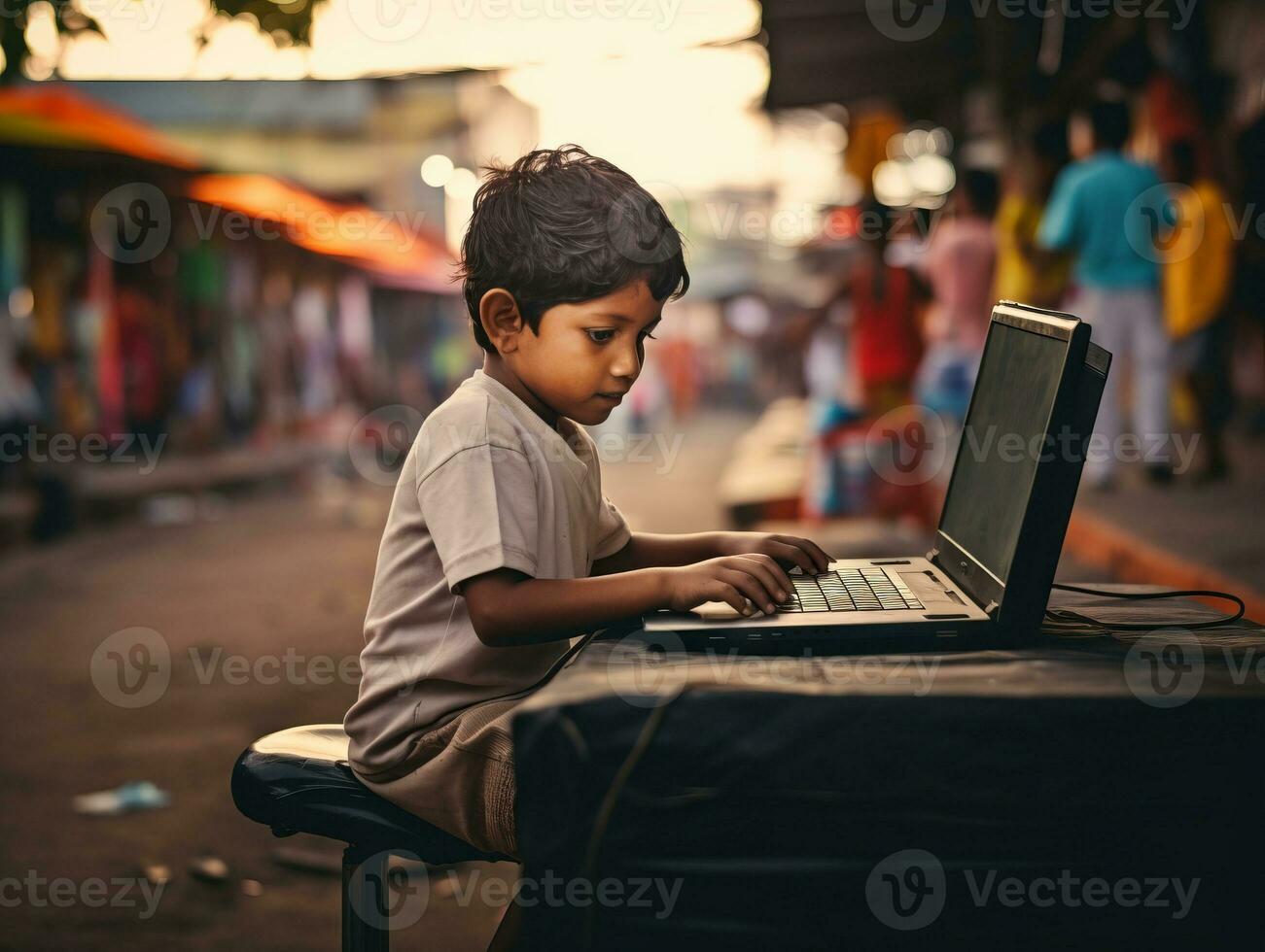 Colombian kid working on a laptop in a vibrant urban setting AI Generative photo