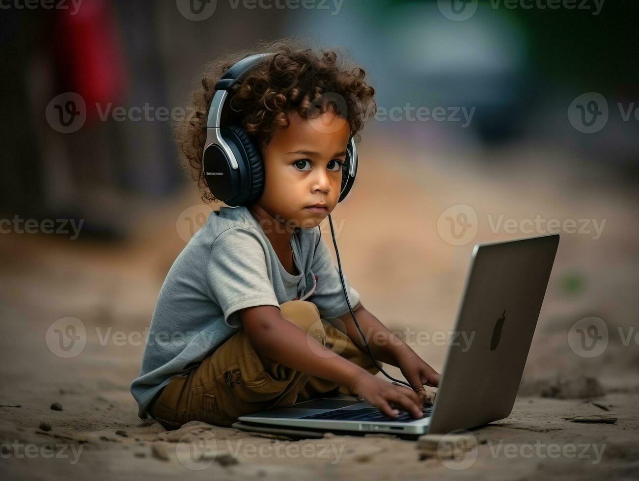 Colombian kid working on a laptop in a vibrant urban setting AI Generative photo